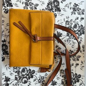 Yellow Leather Clutch with Brown Strap